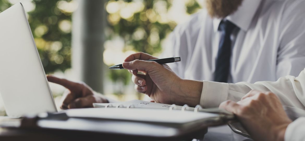 Businesspeople Work Hands Pointing Laptop Monitor