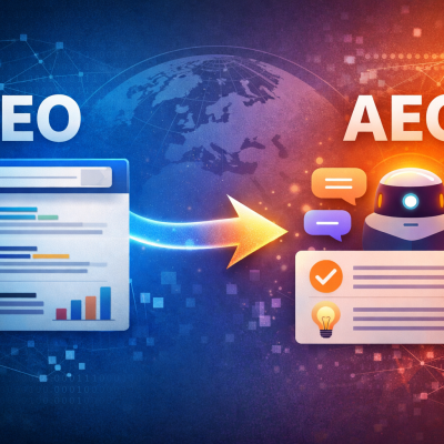 Illustration showing the transition from SEO to AEO, with traditional search results evolving into AI-generated answers and conversational interfaces.