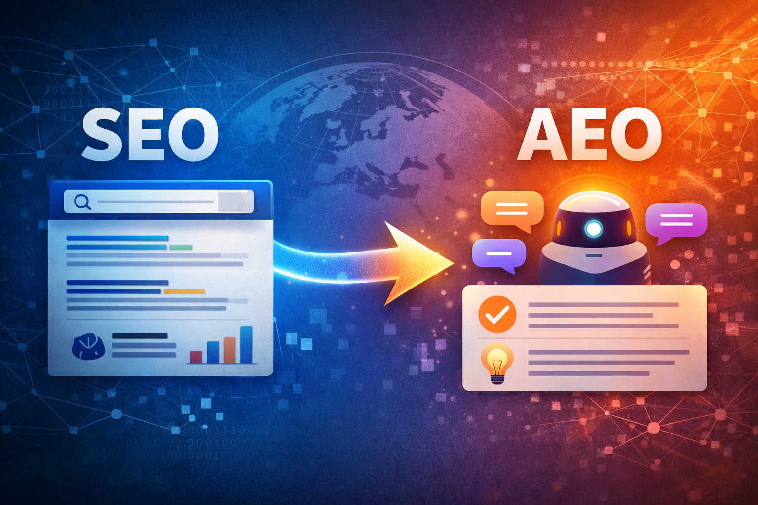 Illustration showing the transition from SEO to AEO, with traditional search results evolving into AI-generated answers and conversational interfaces.